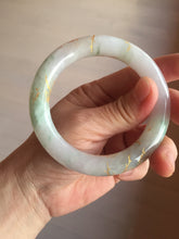 Load image into Gallery viewer, 55.3mm 100% Natural type A sunny green purple white carved flowers and golden-painted chubby Jadeite Jade bangle PF17-2326
