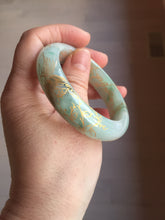 Load image into Gallery viewer, 52mm 100% Natural type A sunny green white carved flowers butterflies and golden-painted Jadeite Jade bangle PE36-(1766)
