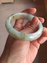 Load image into Gallery viewer, 52mm 100% Natural type A sunny green white carved flowers butterflies and golden-painted Jadeite Jade bangle PE36-(1766)
