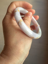 Load image into Gallery viewer, 55.8mm 100% Natural type A light green purple white carved plum blossom and golden-painted Jadeite Jade bangle PE35
