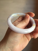 Load image into Gallery viewer, 55.8mm 100% Natural type A light green purple white carved plum blossom and golden-painted Jadeite Jade bangle PE35
