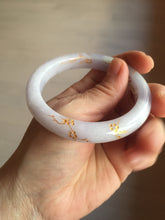 Load image into Gallery viewer, 55.8mm 100% Natural type A light green purple white carved plum blossom and golden-painted Jadeite Jade bangle PE35
