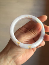 Load image into Gallery viewer, 55.8mm 100% Natural type A light green purple white carved plum blossom and golden-painted Jadeite Jade bangle PE35
