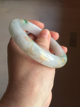 Load image into Gallery viewer, 58mm 100% Natural type A sunny green purple carved bamboo leaf and golden-painted Jadeite Jade bangle PE34
