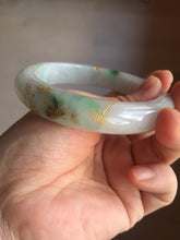 Load image into Gallery viewer, 58mm 100% Natural type A sunny green purple carved bamboo leaf and golden-painted Jadeite Jade bangle PE34
