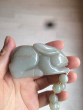 Load image into Gallery viewer, 100% Natural light green/gray/black 3D bunny Quartzite Shetaicui Jade worry stone/desk decor with chain XY94
