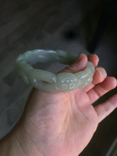 Load image into Gallery viewer, 59.5mm 100% natural light green/gray Quartzite (Shetaicui jade) carved flowers bangle XY61
