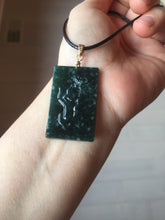 Load image into Gallery viewer, Type A 100% Natural dark green/blue/black Guatemala Jadeite hand/flower The World in a Single Bloom (一花一世界) Safe and sound rectangle pendant PF53
