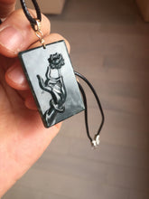 Load image into Gallery viewer, Type A 100% Natural dark green/blue/black Guatemala Jadeite hand/flower The World in a Single Bloom (一花一世界) Safe and sound rectangle pendant PF53
