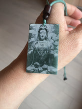 Load image into Gallery viewer, 100% natural blue gray white Guatemala  jadeite jade Photo engraving Guanyin (观音) rectangle safe and sound pendant/worry stone/decor PA248
