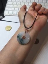 Load image into Gallery viewer, 28mm Type A 100% Natural white purple with green floating flowers Jadeite Jade Safety Guardian Button donuts couple pendant PB188
