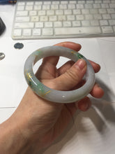 Load image into Gallery viewer, 58mm 100% Natural type A sunny green purple carved bamboo leaf and golden-painted Jadeite Jade bangle PE34
