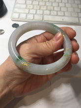 Load image into Gallery viewer, 58mm 100% Natural type A sunny green purple carved bamboo leaf and golden-painted Jadeite Jade bangle PE34
