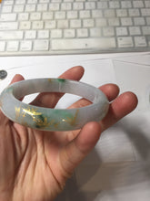Load image into Gallery viewer, 58mm 100% Natural type A sunny green purple carved bamboo leaf and golden-painted Jadeite Jade bangle PE34
