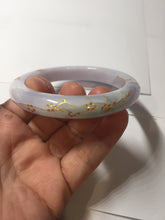 Load image into Gallery viewer, 55.8mm 100% Natural type A light green purple white carved plum blossom and golden-painted Jadeite Jade bangle PE35
