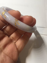Load image into Gallery viewer, 55.8mm 100% Natural type A light green purple white carved plum blossom and golden-painted Jadeite Jade bangle PE35
