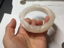 Load image into Gallery viewer, 59.5mm 100% natural pink white Quartzite (Shetaicui jade) 3D carved bunny ears/flowers/heart bangle XY123

