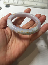 Load image into Gallery viewer, 55.8mm 100% Natural type A light green purple white carved plum blossom and golden-painted Jadeite Jade bangle PE35
