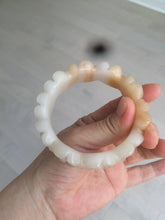 Load image into Gallery viewer, 56.7mm 100% natural light yellow/white Quartzite (Shetaicui jade) carved galsang flower(格桑花) bangle XY68
