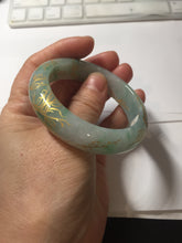 Load image into Gallery viewer, 52mm 100% Natural type A sunny green white carved flowers butterflies and golden-painted Jadeite Jade bangle PE36-(1766)
