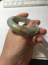 Load image into Gallery viewer, 52mm 100% Natural type A sunny green white carved flowers butterflies and golden-painted Jadeite Jade bangle PE36-(1766)
