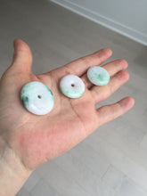 Load image into Gallery viewer, 24-28mm 100% Natural green/purple with sunny green floating flowers jadeite Jade Safety Guardian Button(donut) Pendant/worry stone H152
