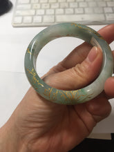 Load image into Gallery viewer, 52mm 100% Natural type A sunny green white carved flowers butterflies and golden-painted Jadeite Jade bangle PE36-(1766)

