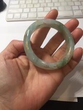 Load image into Gallery viewer, 52mm 100% Natural type A sunny green white carved flowers butterflies and golden-painted Jadeite Jade bangle PE36-(1766)
