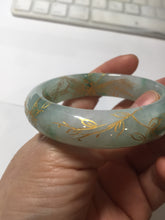 Load image into Gallery viewer, 52mm 100% Natural type A sunny green white carved flowers butterflies and golden-painted Jadeite Jade bangle PE36-(1766)
