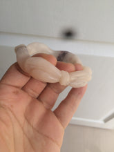 Load image into Gallery viewer, 56mm 100% natural light Pink/black Quartzite (Shetaicui jade) 3D carved Bow knot and wave bangle XY66
