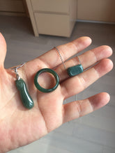 Load image into Gallery viewer, 3 pieces Type A 100% Natural dark green/black Jadeite Jade ring blessed melon(福瓜), rectangle safety bead pendants set BK133
