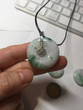 Load image into Gallery viewer, 24-28mm 100% Natural green/purple with sunny green floating flowers jadeite Jade Safety Guardian Button(donut) Pendant/worry stone H152
