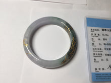 Load image into Gallery viewer, 53.6mm 100% Natural type A dark green purple white carved plum bossom and golden-painted Jadeite Jade bangle PD91-0269

