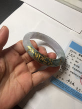 Load image into Gallery viewer, 53.6mm 100% Natural type A dark green purple white carved plum bossom and golden-painted Jadeite Jade bangle PD91-0269
