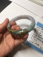 Load image into Gallery viewer, 53.6mm 100% Natural type A dark green purple white carved plum bossom and golden-painted Jadeite Jade bangle PD91-0269
