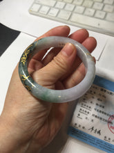 Load image into Gallery viewer, 53.6mm 100% Natural type A dark green purple white carved plum bossom and golden-painted Jadeite Jade bangle PD91-0269
