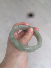 Load image into Gallery viewer, 59.5mm 100% natural light green/gray Quartzite (Shetaicui jade) carved flowers bangle XY61
