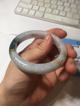 Load image into Gallery viewer, 53.6mm 100% Natural type A dark green purple white carved flowers and golden-painted Jadeite Jade bangle PD92-0263
