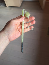 Load image into Gallery viewer, 17.5 cm 100% Natural Light Green &amp; Black Bamboo-Style Xiu Jade (Serpentine) Hairpin with Safety Donut Hanging Ornament AW40
