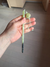 Load image into Gallery viewer, 17.5 cm 100% Natural Light Green &amp; Black Bamboo-Style Xiu Jade (Serpentine) Hairpin with Safety Donut Hanging Ornament AW40
