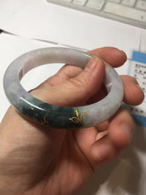 Load image into Gallery viewer, 53.6mm 100% Natural type A dark green purple white carved flowers and golden-painted Jadeite Jade bangle PD92-0263
