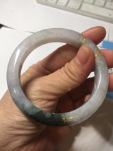 Load image into Gallery viewer, 53.6mm 100% Natural type A dark green purple white carved flowers and golden-painted Jadeite Jade bangle PD92-0263
