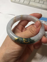 Load image into Gallery viewer, 53.6mm 100% Natural type A dark green purple white carved flowers and golden-painted Jadeite Jade bangle PD92-0263
