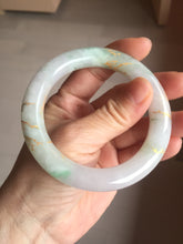 Load image into Gallery viewer, 55.3mm 100% Natural type A sunny green purple white carved flowers and golden-painted chubby Jadeite Jade bangle PF17-2326
