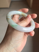 Load image into Gallery viewer, 55.3mm 100% Natural type A sunny green purple white carved flowers and golden-painted chubby Jadeite Jade bangle PF17-2326
