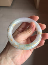 Load image into Gallery viewer, 55.3mm 100% Natural type A sunny green purple white carved flowers and golden-painted chubby Jadeite Jade bangle PF17-2326
