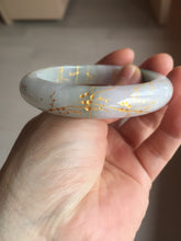 Load image into Gallery viewer, 卖了 56mm 100% Natural type A green white purple carved Plum Blossom golden-painted Jadeite Jade bangle PF16-2327
