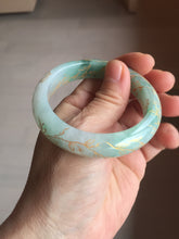 Load image into Gallery viewer, 51.5mm 100% Natural type A sunny green white carved flowers(繁花似锦) golden-painted Jadeite Jade bangle PF15

