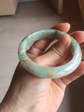 Load image into Gallery viewer, 51.5mm 100% Natural type A sunny green white carved flowers(繁花似锦) golden-painted Jadeite Jade bangle PF15
