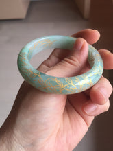Load image into Gallery viewer, 51.5mm 100% Natural type A sunny green white carved flowers(繁花似锦) golden-painted Jadeite Jade bangle PF15
